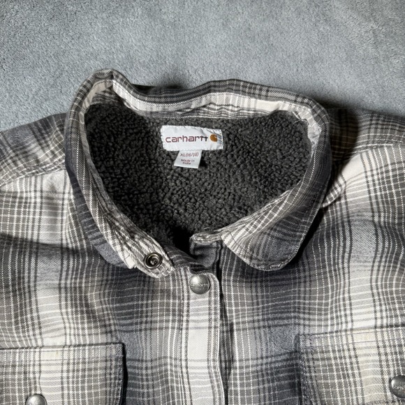 Carhartt Shirt Jacket Women's XL Black Plaid Snap Close Sherpa Lined Shacket - Picture 10 of 14
